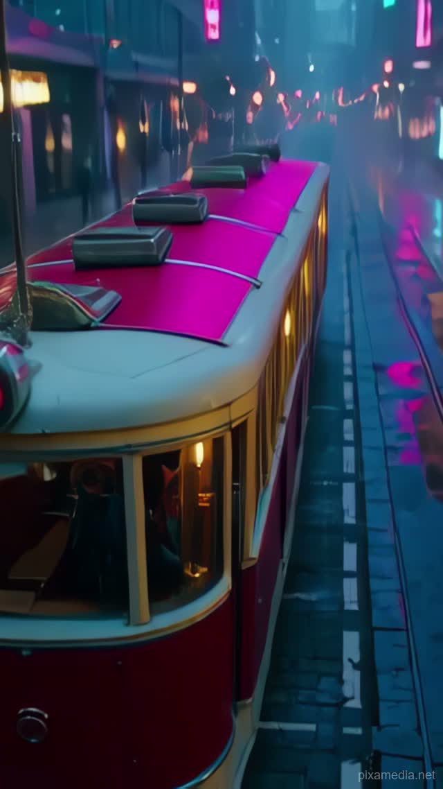 Crimson Tram Under Neon Rain - Drone & Aerial AI stock